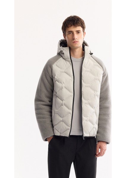 Erkek Gri Kapüşonlu Rüzgar Geçirmez -5 Dereceye Dayanıklı Peluş Regular Fit Mont A52Y6077