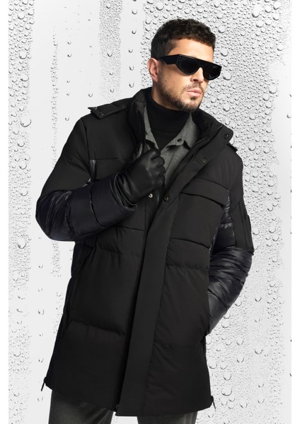 Erkek Siyah Kapüşonlu Su İtici Rüzgar Geçirmez -10°C Dayanıklı Uzun Şişme Mont A52Y6125