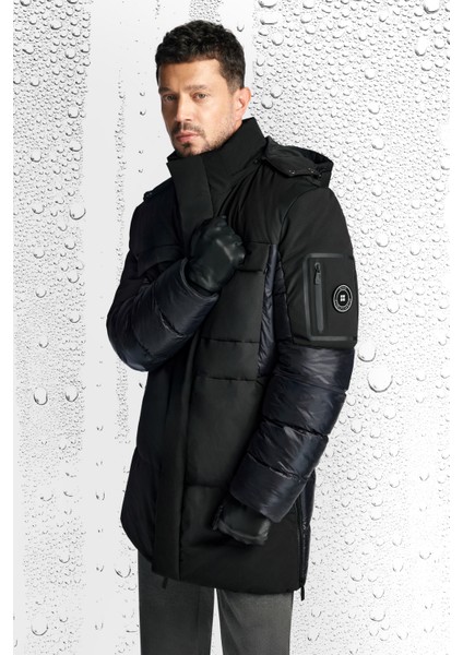 Erkek Siyah Kapüşonlu Su İtici Rüzgar Geçirmez -10°C Dayanıklı Uzun Şişme Mont A52Y6125