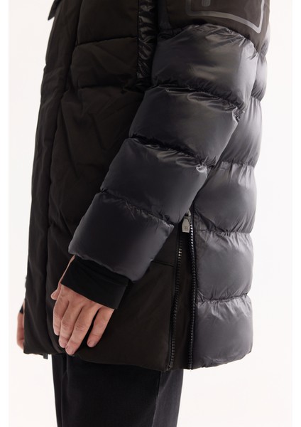 Erkek Siyah Kapüşonlu Su İtici Rüzgar Geçirmez -10°C Dayanıklı Uzun Şişme Mont A52Y6125