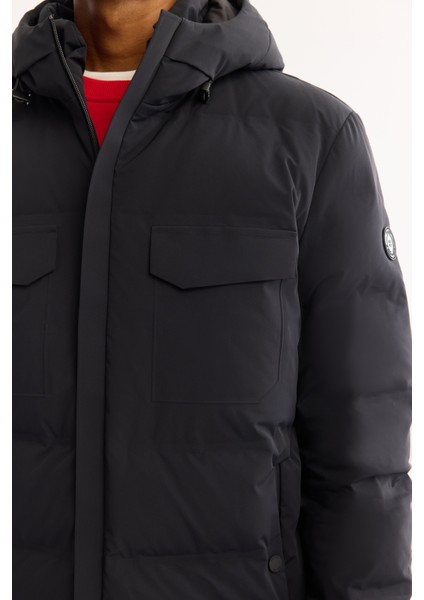 Erkek Siyah Kapüşonlu %100 Kaz Tüyü Su İtici Rüzgar Geçirmez -7°CDayanıklı Şişme Mont A52Y6115