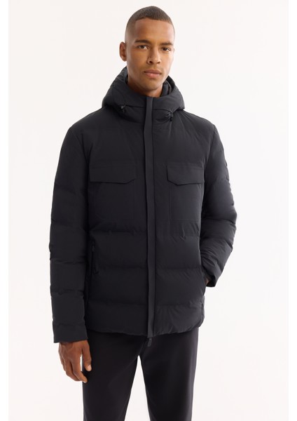 Erkek Siyah Kapüşonlu %100 Kaz Tüyü Su İtici Rüzgar Geçirmez -7°CDayanıklı Şişme Mont A52Y6115