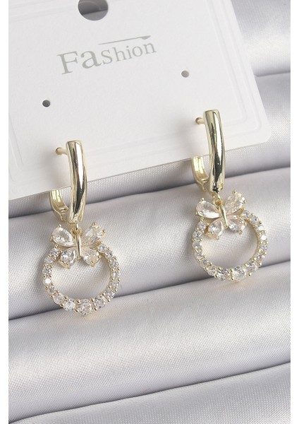 Pirinç Gold Renk Zirkon Taşlı Kelebek Figür Sallantı Model Kadın Küpe - Lisinya