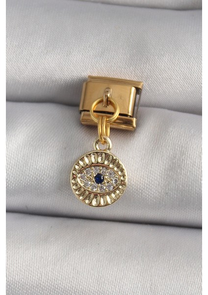 316L Çelik Gold Renk Sallantı Zirkon Taşlı Göz Model Nomination Charm - Lisinya