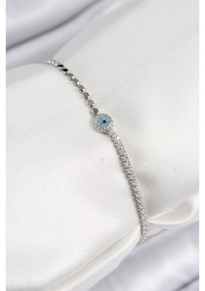 Pirinç Zirkon Taşlı Nazar Model Ezme Zincir Gümüş Renk Kadın Bileklik - Lisinya