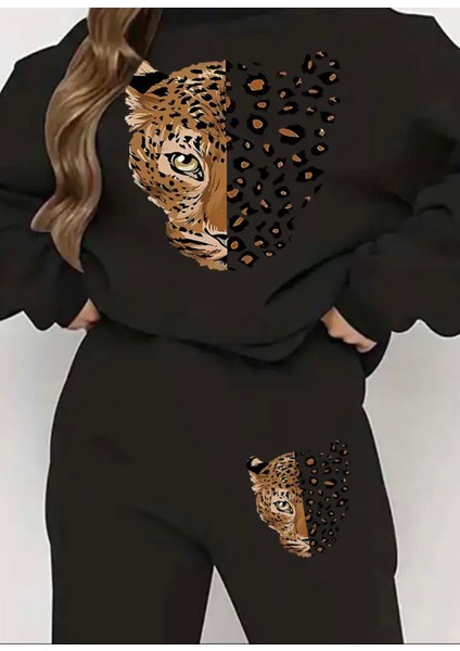 Punıx Büyük Beden Özel Seri Leopar Baskılı %100 Pamuk Kışlık Yuvarlak Yaka Modern Kadın Eşofman Takımı