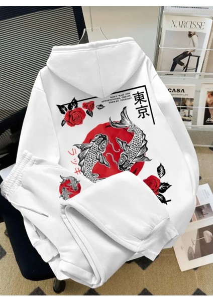 Özel Tasarım Kapüşonlu Koi Balığı Sırt Baskılı %100 Pamuk 3 Iplik Kışlık Japon Stil Erkek Çocuk Eşofman Takımı