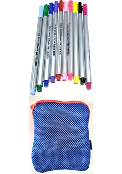 10 Renk Piano Fineliner Kalem Mavi Kalemlik Çantasıyla