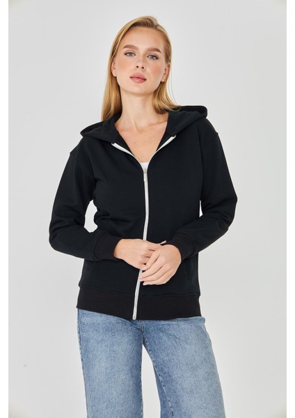 Kadın Tam Fermuarlı Kapüşonlu Pamuklu Eşofman Üstü Siyah 9508-S