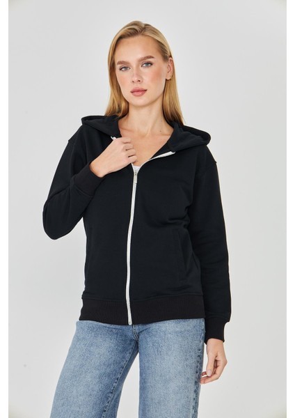 Kadın Tam Fermuarlı Kapüşonlu Pamuklu Eşofman Üstü Siyah 9508-S fiyatları