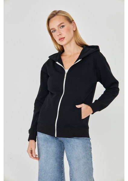 Kadın Tam Fermuarlı Kapüşonlu Pamuklu Eşofman Üstü Siyah 9508-S modelleri