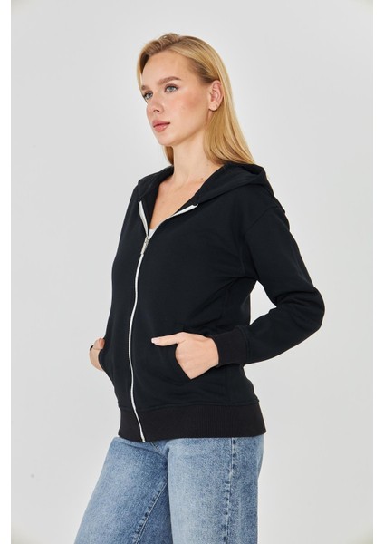 Kadın Tam Fermuarlı Kapüşonlu Pamuklu Eşofman Üstü Siyah 9508-S fırsatları