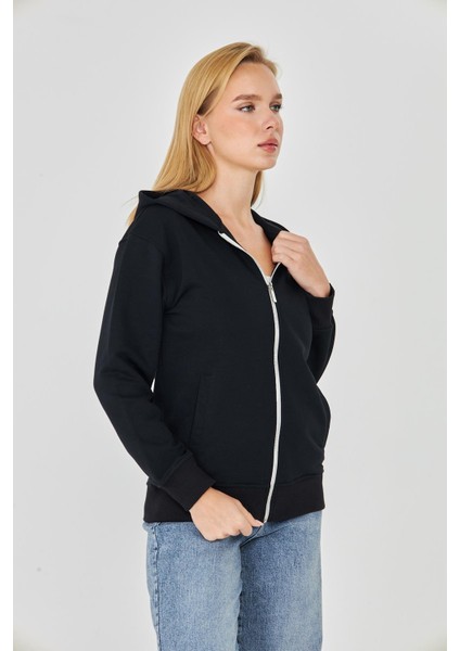 Kadın Tam Fermuarlı Kapüşonlu Pamuklu Eşofman Üstü Siyah 9508-S indirimleri