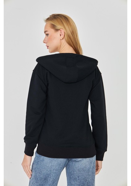 Kadın Tam Fermuarlı Kapüşonlu Pamuklu Eşofman Üstü Siyah 9508-S