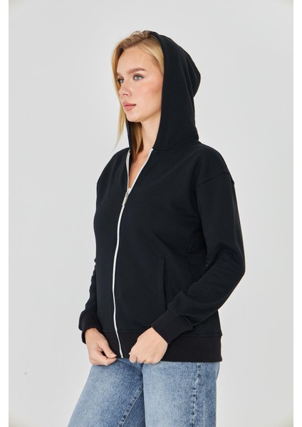 Kadın Tam Fermuarlı Kapüşonlu Pamuklu Eşofman Üstü Siyah 9508-S