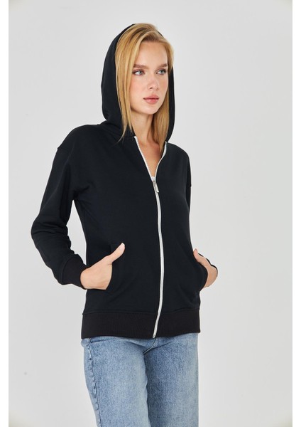 Kadın Tam Fermuarlı Kapüşonlu Pamuklu Eşofman Üstü Siyah 9508-S