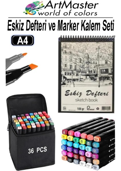 A4 Eskiz Defteri 50 Yaprak 100 gr 1 Adet 36 Renk Marker Kalem Çift Taraflı Touch Çift Uçlu Eskiz Defteri Boya Seti