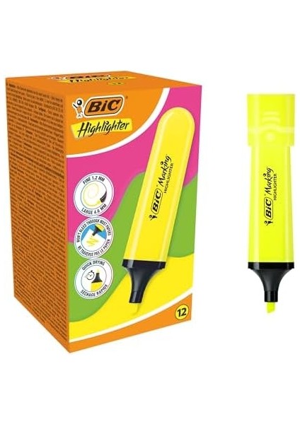 Marking Flat Higlighter Fosforlu 12'li Kutu, Sarı Fosforlu, Su Bazlı, Hızlı Kuruyan Mürekkep fiyatları