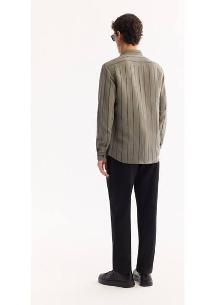 Erkek Yeşil Düğmeli Yaka Soft Touch Çizgili Comfort Fit Gömlek A52Y2101