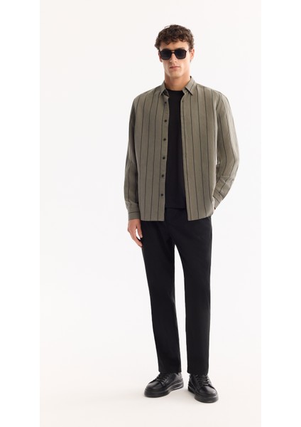 Erkek Yeşil Düğmeli Yaka Soft Touch Çizgili Comfort Fit Gömlek A52Y2101