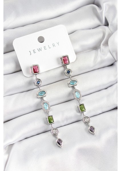 Pirinç Renkli Zirkon Taşlı Sallantılı Model Gümüş Renk Kadın Küpe - Lisinya