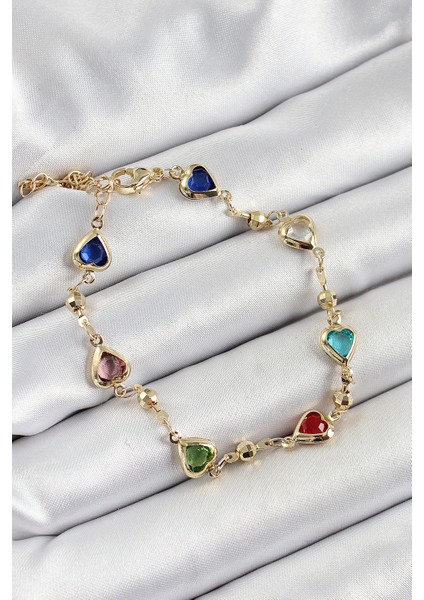 Pirinç Asorti Kalp Model Gold Renk Zirkon Taşlı Kadın Bileklik - Lisinya