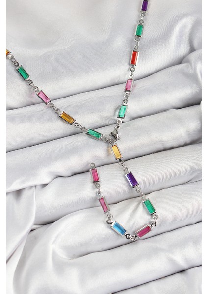 Pirinç Renkli Zirkon Taşlı Dikdörtgen Model Gümüş Renk Kadın Y Kolye - TJ-BKO10385