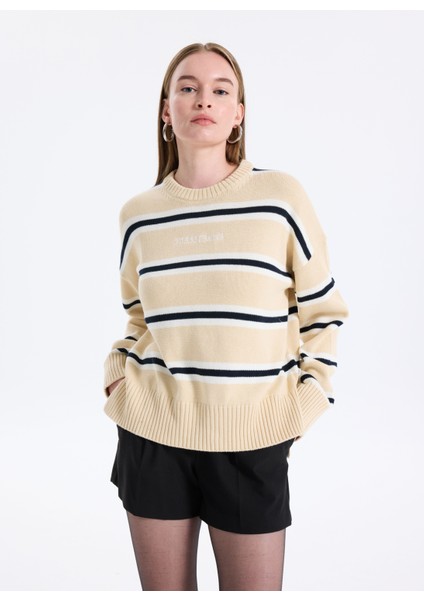 Yuvarlak Yaka Standart Çizgili Çok Renkli Kazak Kadın Gj Ls Cn Kadın Triko