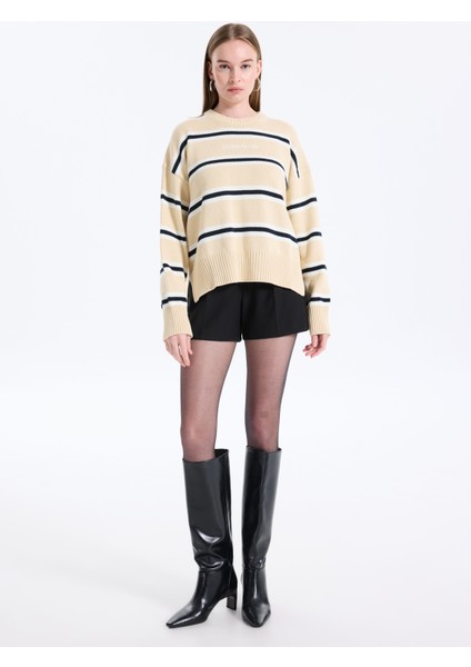 Yuvarlak Yaka Standart Çizgili Çok Renkli Kazak Kadın Gj Ls Cn Kadın Triko fiyatları