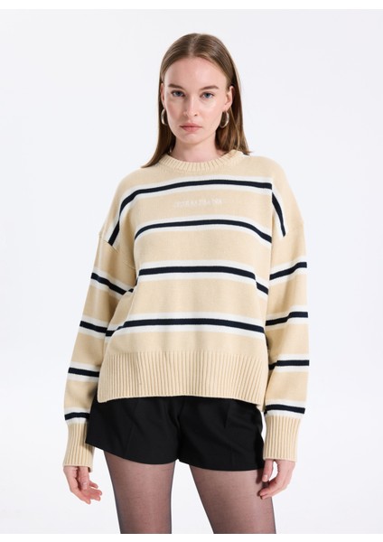 Yuvarlak Yaka Standart Çizgili Çok Renkli Kazak Kadın Gj Ls Cn Kadın Triko modelleri