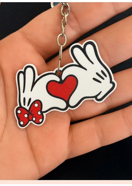 Love Mickey & Minnie Eldiven Figürlü Anahtarlık – Kalp Desenli Çift Temalı