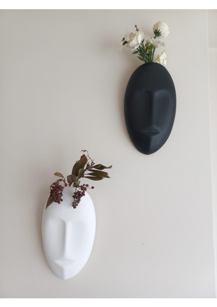 Iki Renkli Soyut Insan Yüzü Duvar Vazosu, Mask Duvar Süsü, Aksesuar Siyah-Beyaz