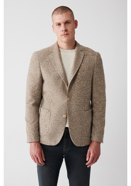 Erkek Bej Mono Yaka Çift Yırtmaçlı Takma Cepli Astarsız Ceket A32Y4013