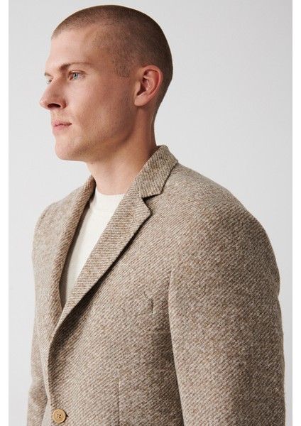 Erkek Bej Mono Yaka Çift Yırtmaçlı Takma Cepli Astarsız Ceket A32Y4013