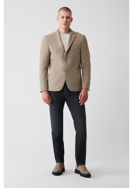 Erkek Bej Mono Yaka Çift Yırtmaçlı Takma Cepli Astarsız Ceket A32Y4013