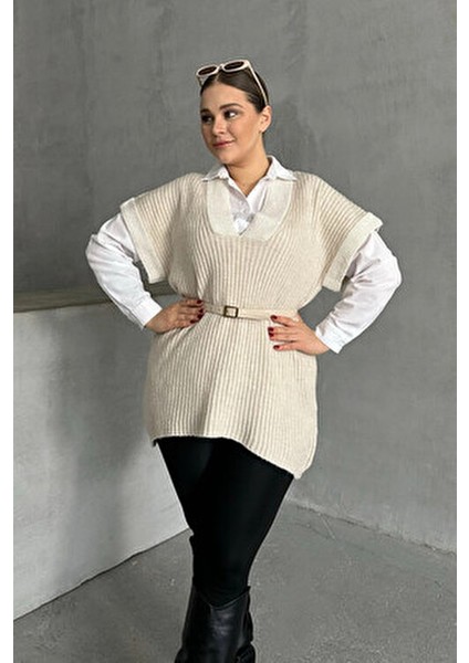 V Yaka Kısa Kollu Triko Süveter Büyük Beden Rahat Kullanım 302137