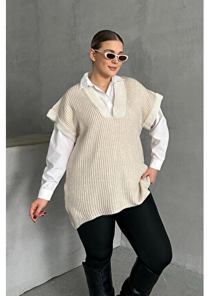 V Yaka Kısa Kollu Triko Süveter Büyük Beden Rahat Kullanım 302137 fiyatları