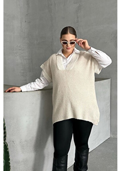 V Yaka Kısa Kollu Triko Süveter Büyük Beden Rahat Kullanım 302137 modelleri