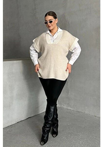 V Yaka Kısa Kollu Triko Süveter Büyük Beden Rahat Kullanım 302137 indirimleri