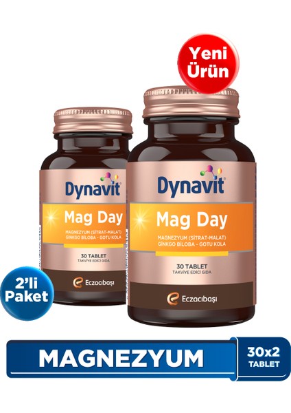Mag Day 30 Tablet X2- Sabah / Gündüz Magnezyum - Mag Sitrat & Malat, Gotu Kola, Ginkgo Biloba, B6 Vit