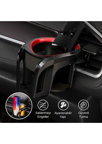 Araç Telefon ve Bardak Tutucu – Sallanmayı Engeller, Ayarlanabilir Yapı, Havalandırma Izgarası Montajlı
