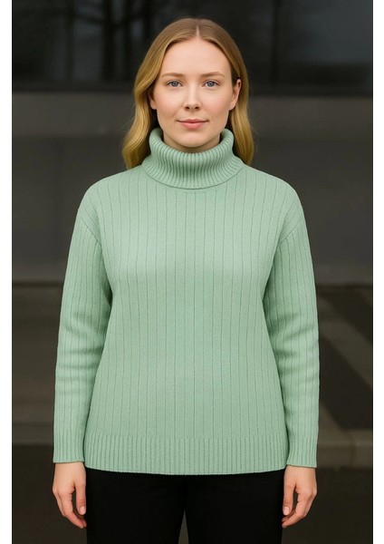 Balıkcı Yaka Bağazlı Triko Kazak Pamuklu Kalın Fitilli Dokuma - Mint Yeşili fiyatları