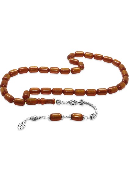 925 Ayar Gümüş Püsküllü Uçlu Kapsül Kesim Sarı Simli Kırmızı Ateş Kehribar Tesbih