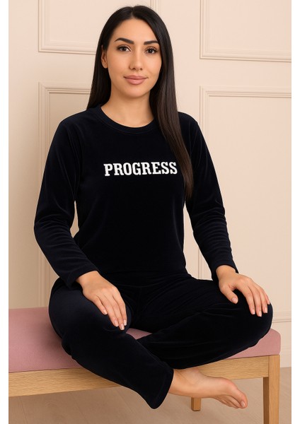 Kadın Sloganlı Uzun Kollu Kadife Pijama Takımı