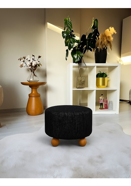 Pufo Dekoratif rahat ve konforlu puf - siyah renkli - gürgen ayaklı - yuvarlak puf - çok amaçlı kullanım - modern bench