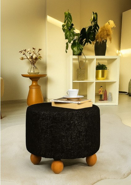 Pufo Dekoratif rahat ve konforlu puf - siyah renkli - gürgen ayaklı - yuvarlak puf - çok amaçlı kullanım - modern bench fiyatları