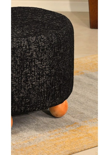 Pufo Dekoratif rahat ve konforlu puf - siyah renkli - gürgen ayaklı - yuvarlak puf - çok amaçlı kullanım - modern bench modelleri