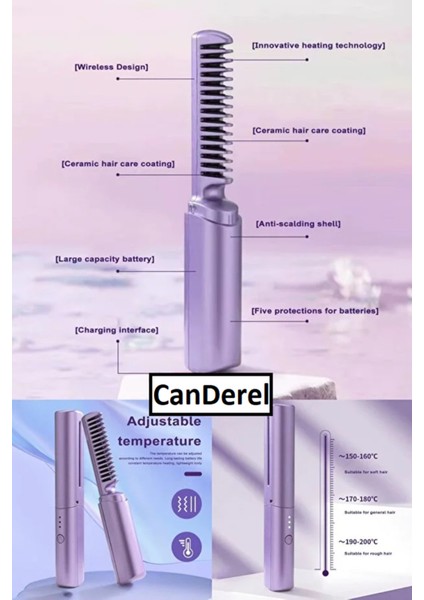 Mini Kablosuz Seramik Saç Düzleştirici Tarak Mor fiyatları