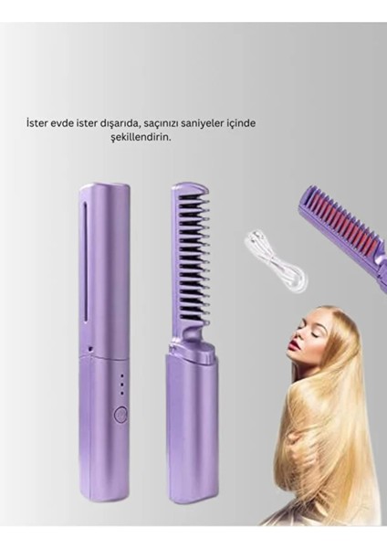 Mini Kablosuz Seramik Saç Düzleştirici Tarak Mor