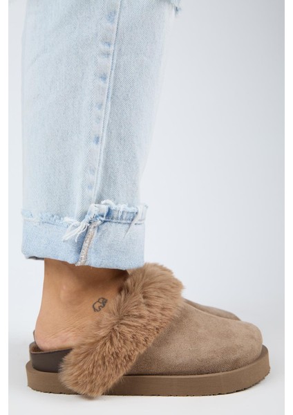 Ruzqahi Kürklü Kadın Deri Hakiki Deri Düz Platform Sabo Vizon Terlik